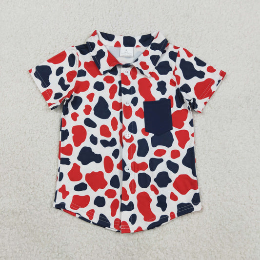 RTS BT1656 Baby Boys Red Blue Cow Print 4th of July Button Pocket Shirts Top