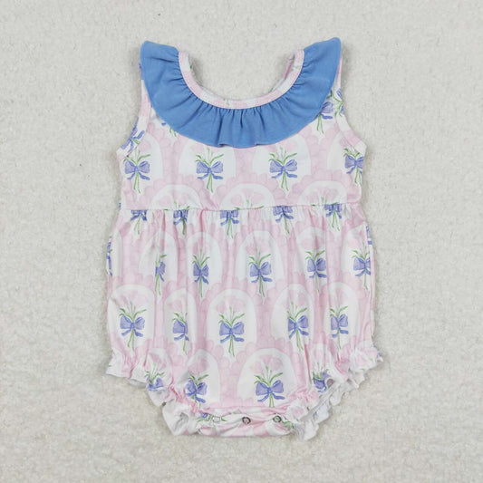 SR1181 Pink flowers Blue lace vest onesie