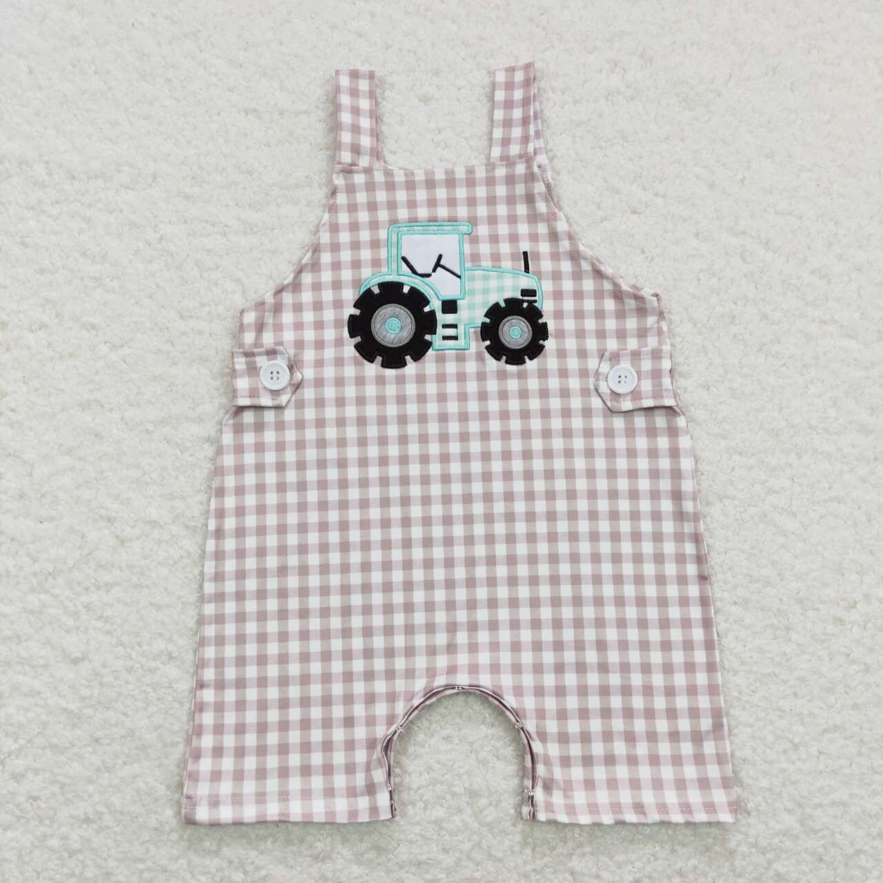 SR0631 Embroidered Green Tractor Khaki Plaid Suspender Jumpsuit