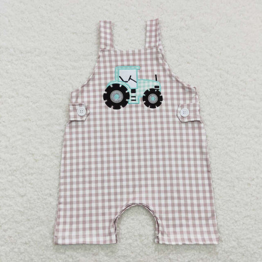 SR0631 Embroidered Green Tractor Khaki Plaid Suspender Jumpsuit