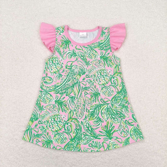GT0561 Seaweed print pink green flying sleeve top