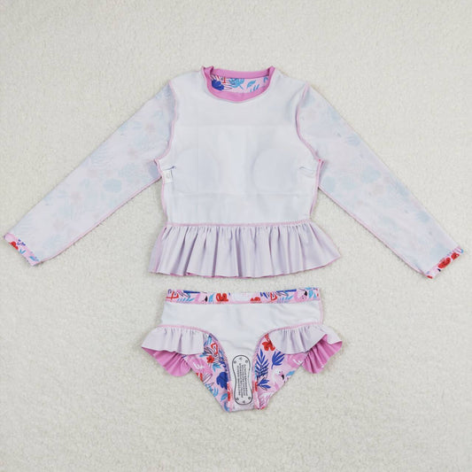 S0263 Long sleeve swimsuit with pink lace for girls