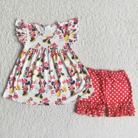 C0-15 Girls' cartoon bow polka dot red short-sleeved shorts suit