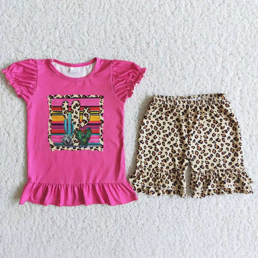 C1-11 Cactus Rose Red Top leopard print shorts suit