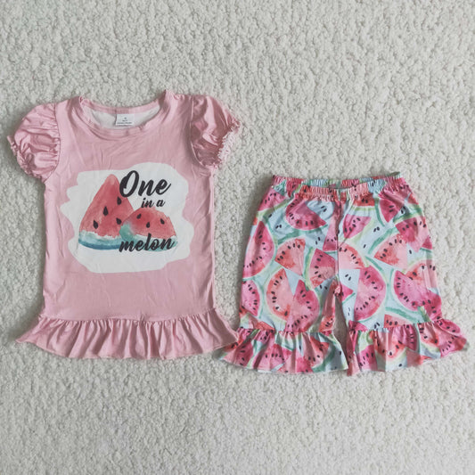 C1-23 Pink watermelon bubble sleeve shorts suit