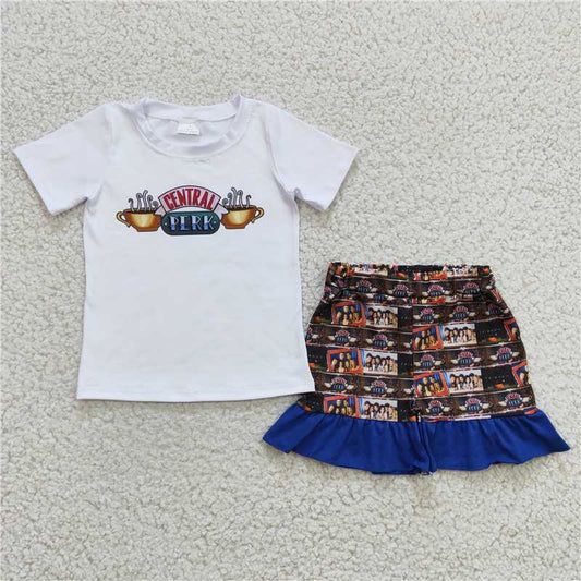 C3-2 Girl's white short-sleeved blue shorts suit