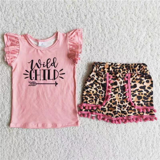 C3-3 Girl's pink-sleeve leopard print short-sleeved shorts suit