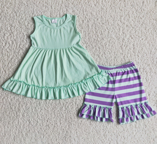 C4-9 Green lace sleeveless top purple striped shorts suit