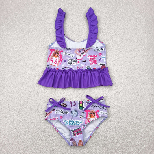 S0389 Baby Girls Purple Singer Sleeveless Ruffle Top Bummies 2pcs Swimsuit 4.23