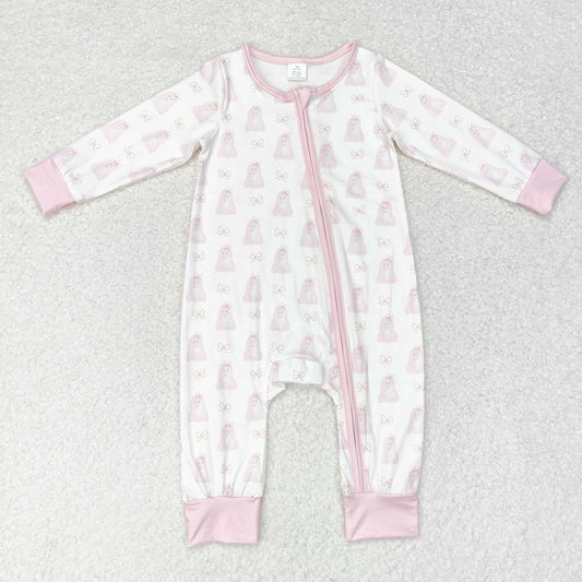 LR1124 Bamboo pink Ghost long-sleeved onesie with white zipper