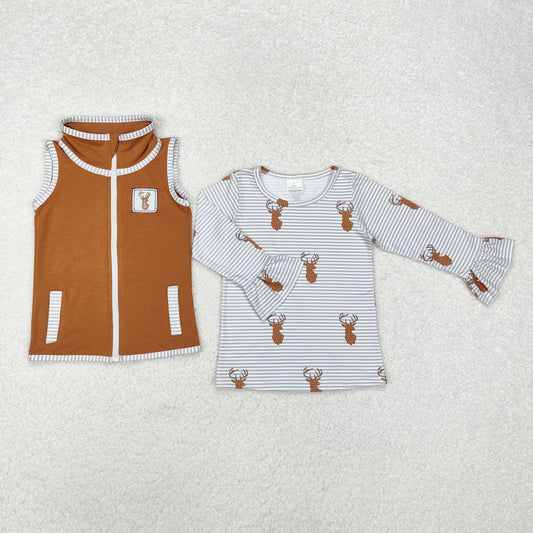 GT0739+BT0855 Baby Girls Deers Hunting Tops Vest 2pcs Set