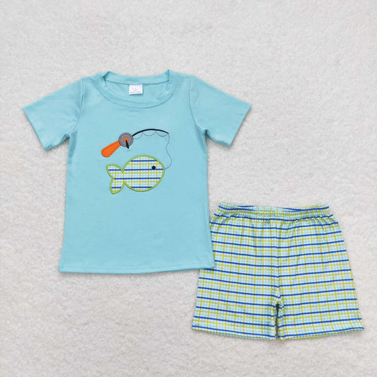 BSSO0798 Embroidery fishing teal short-sleeved plaid shorts set