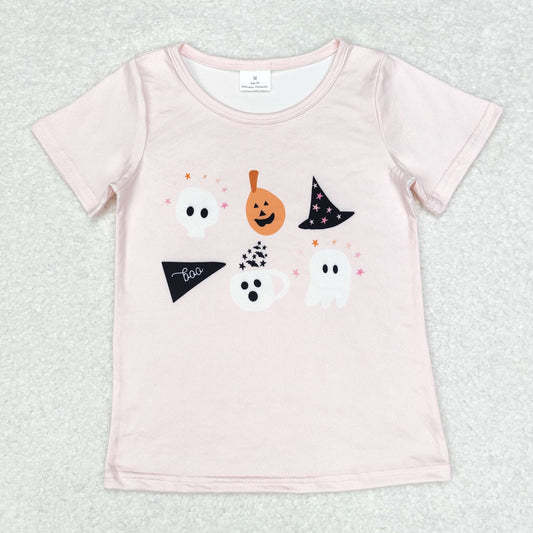 GT0698 Baby Girls Halloween Pink Pumpkin Short Sleeve Tee Shirts Tops