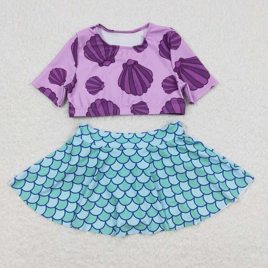 S0222 Shell purple short sleeve fish scale pattern short skirt swimsuit set