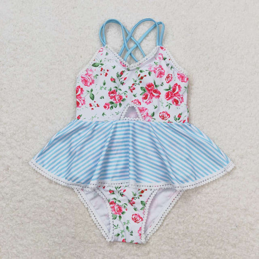 S0248 Blue and white halter one-piece with floral stripes and lace
