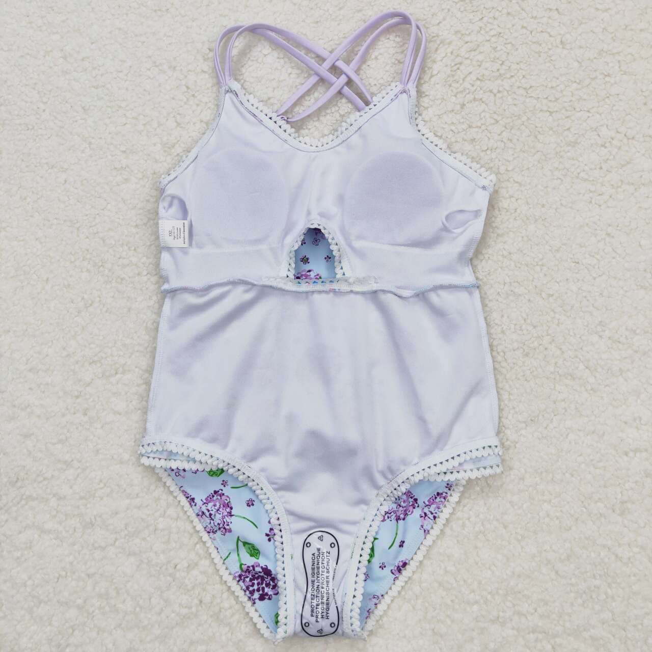 S0246 Purple floral lace teal halter one-piece swimsuit