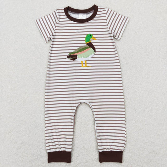 SR0517 Embroidered duck stripe brown border short-sleeved onesie