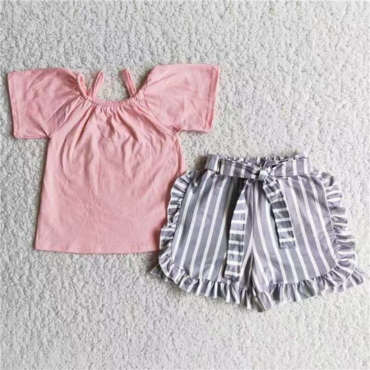 D7-28 Strap top grey striped shorts