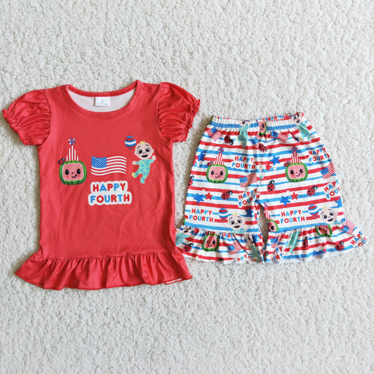 D8-13 Flag red short-sleeved top striped shorts suit