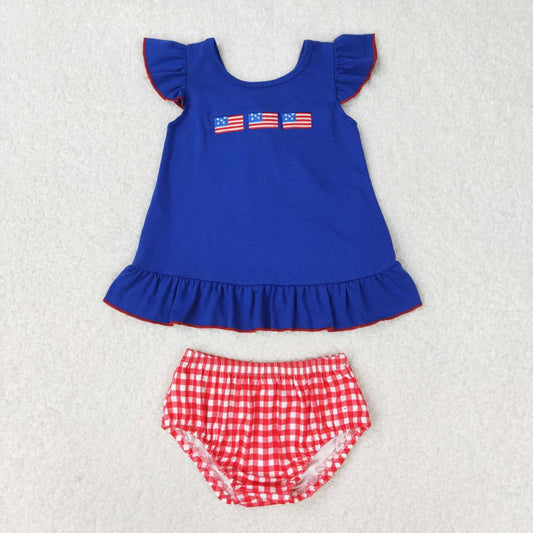 GBO0311 4th of July Embroidered flag bow navy blue flying sleeve red and white checkered briefs set