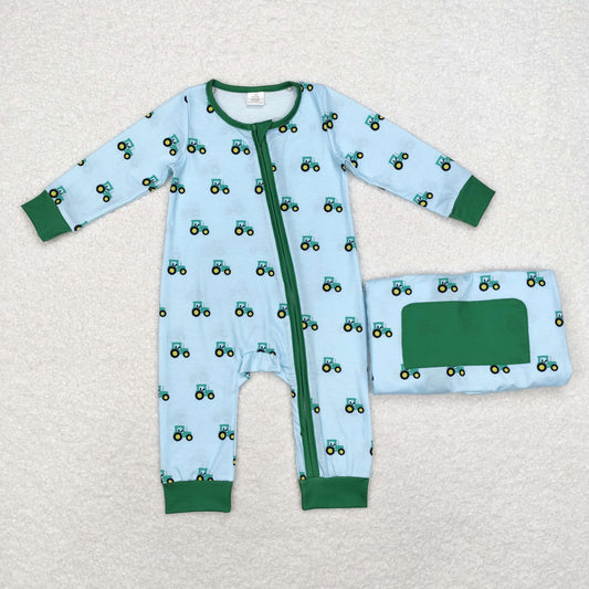 Baby Boys Green Tractors Sibling Bamboo Rompers Pajamas Clothes Sets