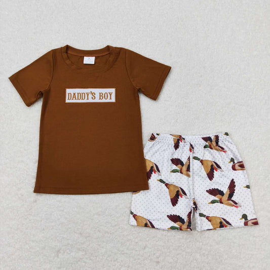 BSSO0719 daddy's boy Embroidered monogram brown short sleeve duck shorts set