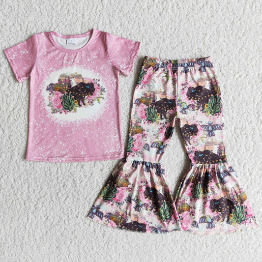 E12-15 Cow Pink Short Sleeve Printed Flare Pants
