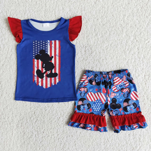 E12-1 Girls Stars cartoon blue flying sleeve shorts set