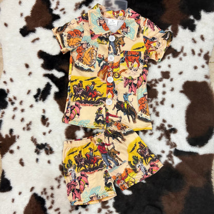 E14-12 Baby boys western cowboy button up summer pajamas set