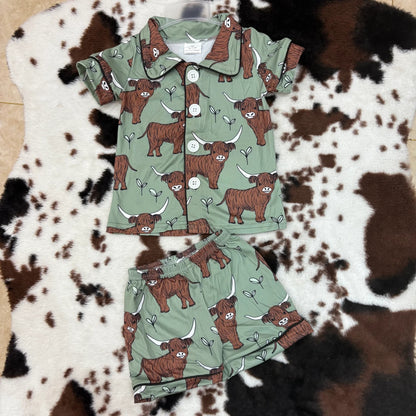 E14-1 Baby boys western cow heifer short sleeve shorts summer button up pajamas set