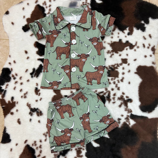 E14-1 Baby boys western cow heifer short sleeve shorts summer button up pajamas set