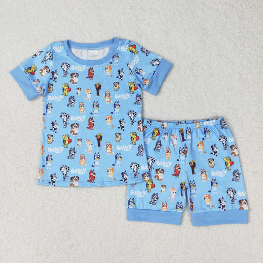 BSSO0853 Cartoon dog blue short-sleeved shorts pajamas set