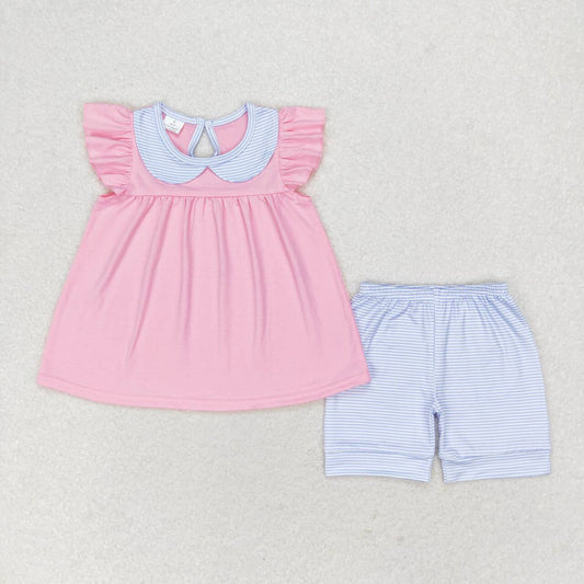 GSSO1064 Blue striped doll collar pink flying sleeve shorts suit