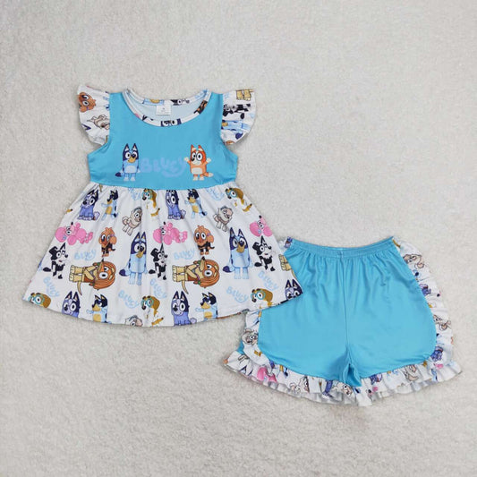 GSSO0387 Cartoon dog blue and white short-sleeved shorts suit