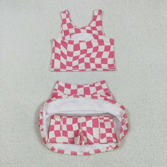 GSD2329 Baby Girls Sleeveless Pink Plaid Top Skort Yoga Set  5.12