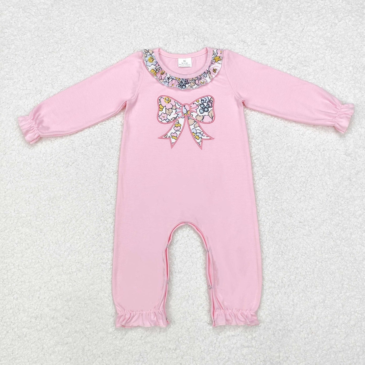 LR1812 Baby Infant Girls Embroidery Pink Flowers Bow Long Sleeve Romper