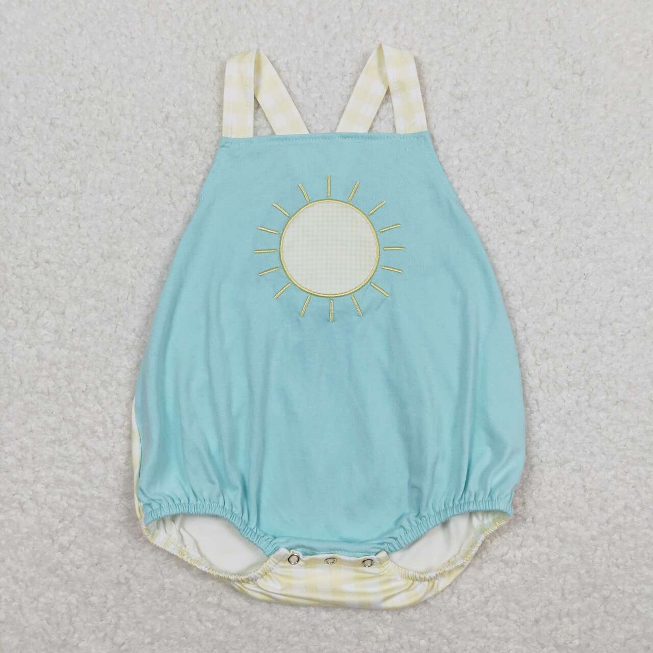 SR1072 Embroidered Sun Sunny yellow-white checkered turquoise vest onesie
