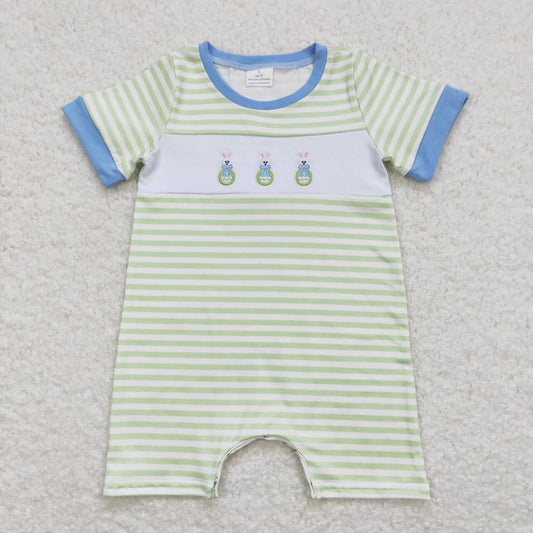 SR0704 Embroidered Bow Easter Egg Rabbit Green and White Stripes Blue Trimmed Short Sleeve Jumpsuit