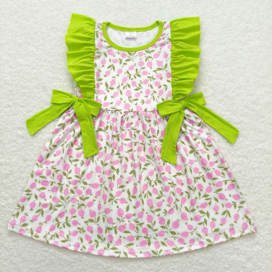 GSD1036 Pink flowers Green lace bow sleeveless dress