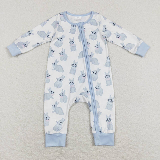 LR0837 Rabbit blue and white zip-up long sleeve onesie