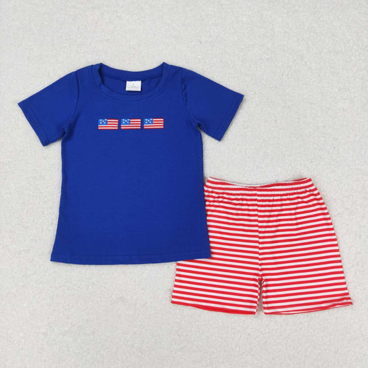 BSSO0434 4th of July Embroidered flag blue short-sleeved red and white striped shorts set