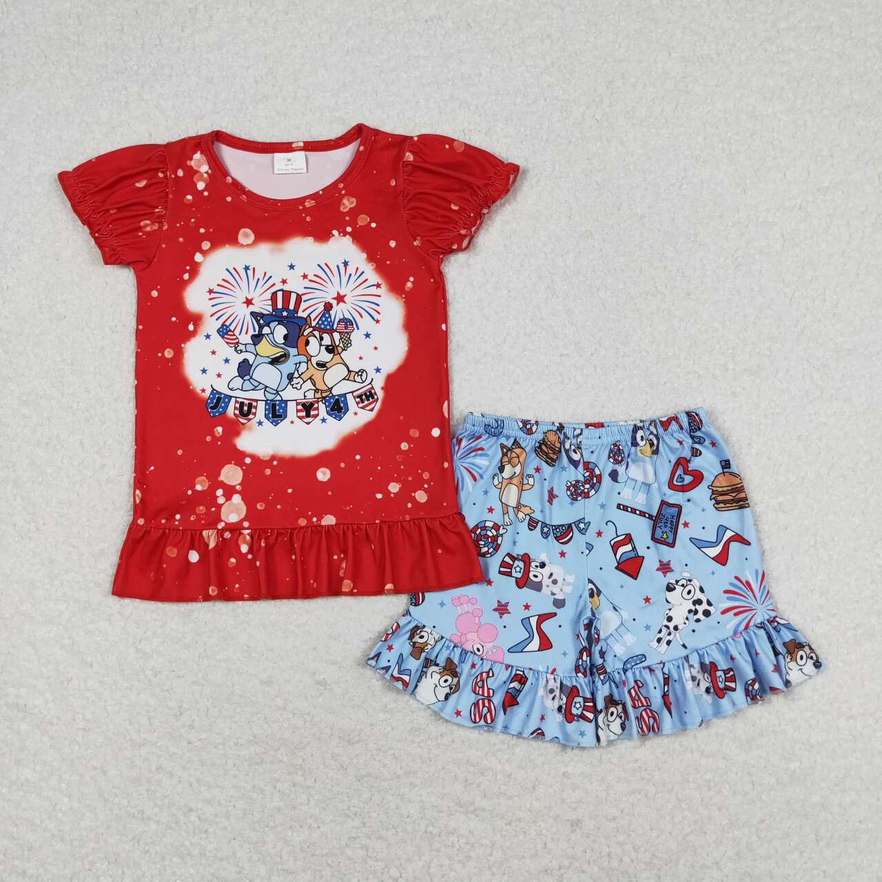 GSSO0804 4th of July Cartoon dog fireworks red lace short-sleeved blue shorts suit