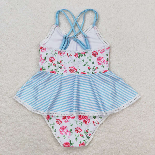 S0248 Blue and white halter one-piece with floral stripes and lace