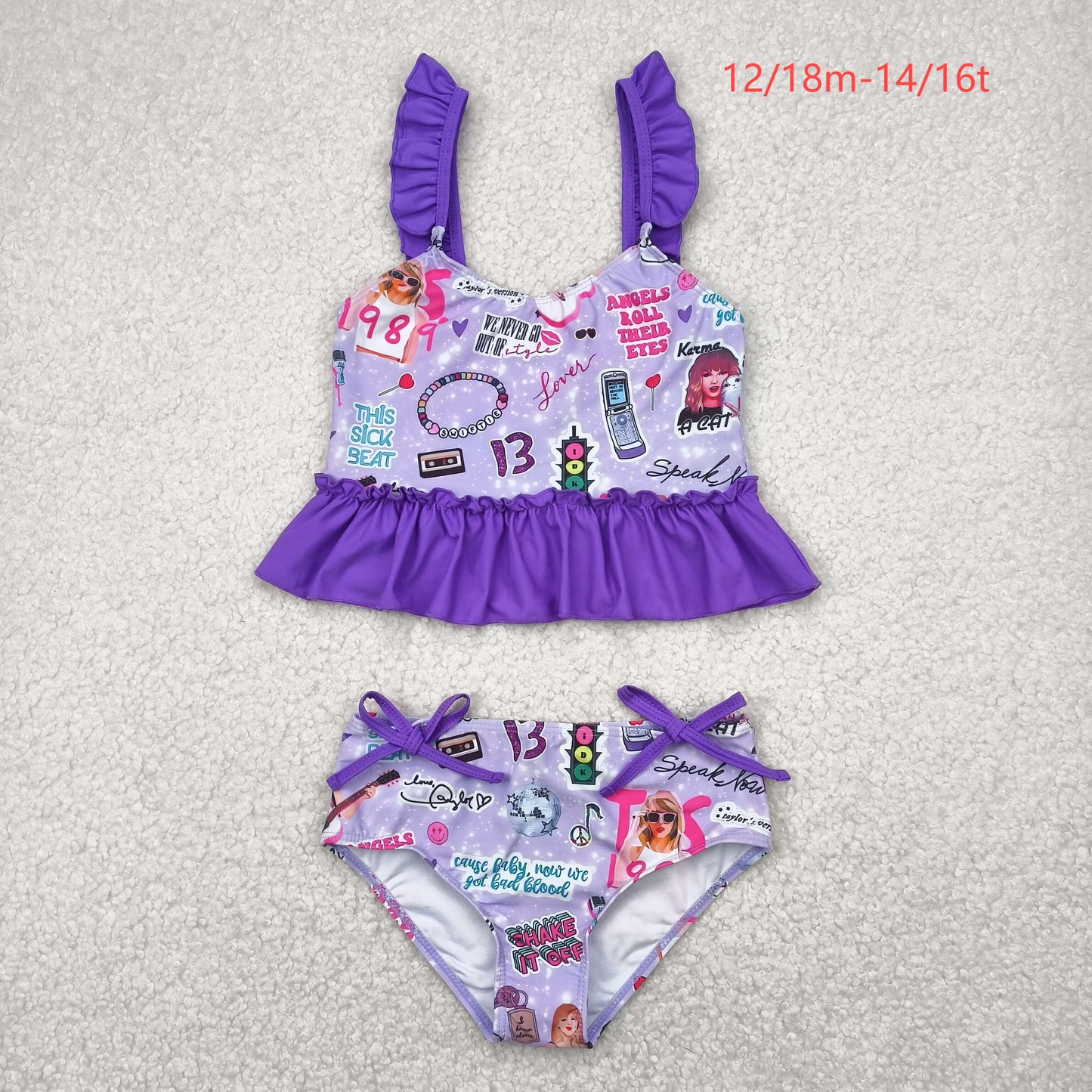 S0389 Baby Girls Purple Singer Sleeveless Ruffle Top Bummies 2pcs Swimsuit 4.23