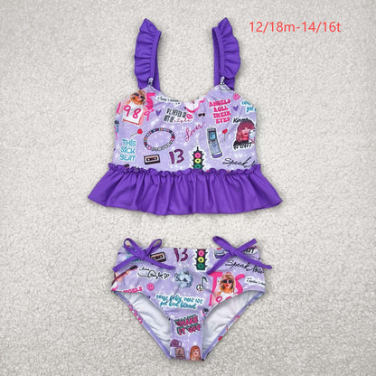 S0389 Baby Girls Purple Singer Sleeveless Ruffle Top Bummies 2pcs Swimsuit 4.23
