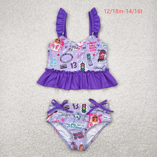 S0389 Baby Girls Purple Singer Sleeveless Ruffle Top Bummies 2pcs Swimsuit 4.23