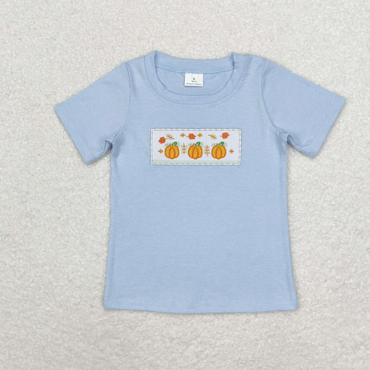 BT0833 Embroidered pumpkin pattern blue short-sleeved top