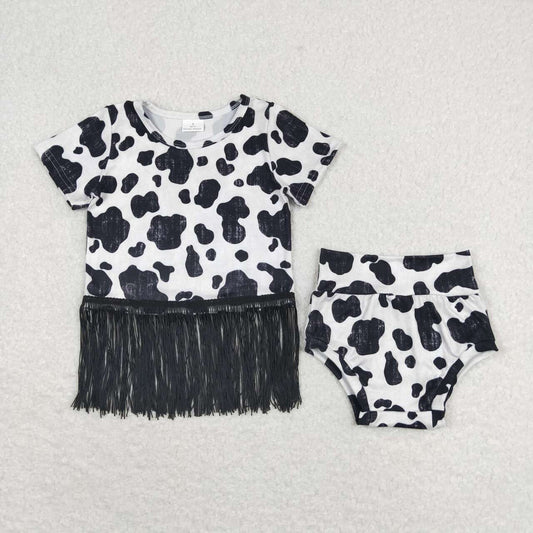 GBO0273 Black and white short-sleeved briefs with tassel in cow print