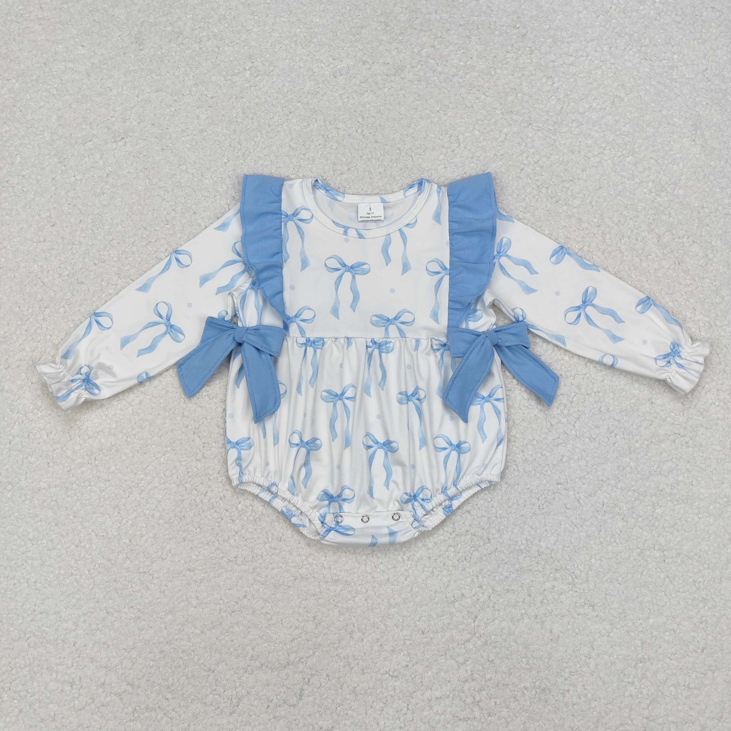 LR2043 Baby Infant Girls Blue Bows Long Sleeve Romper