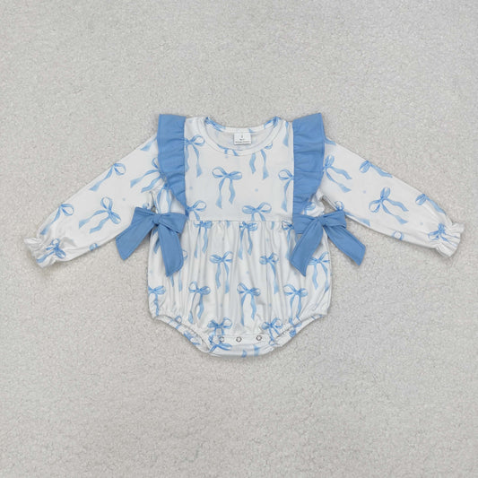 LR2043 Baby Infant Girls Blue Bows Long Sleeve Romper